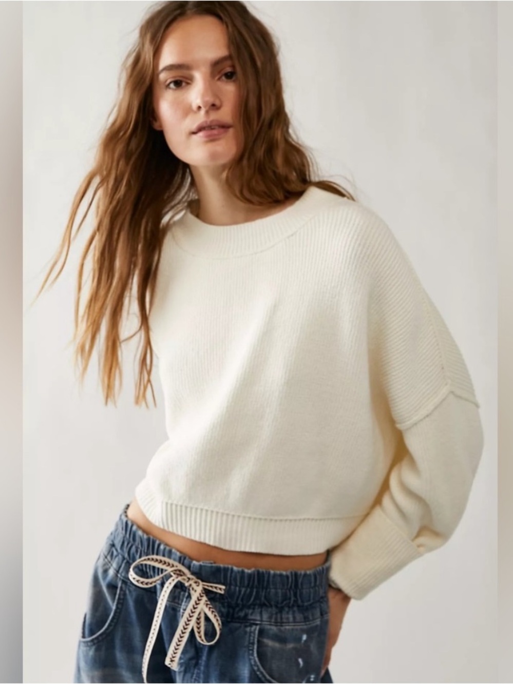 Free People Easy Street Pullover Crop Sweater Moonglow Cream Crewneck Women's
